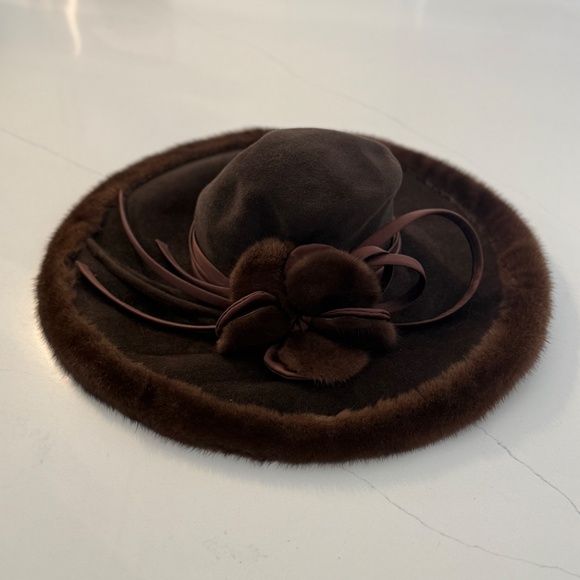SUZANNE Couture Military Brown Wide Rim Hat with Mink Trim main image 6
